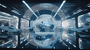 White and black glossy interior space facility maintenance cargo, sci-fi image, futuristic space exploration. Generative Ai