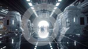 White and black glossy interior space facility maintenance cargo, sci-fi image, futuristic space exploration. Generative Ai