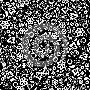White on black hand drawn random flower and leaf seamless repeat pattern background
