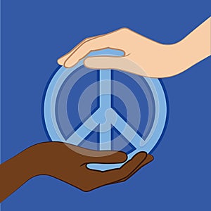 White and black hand hold peace symbol blue