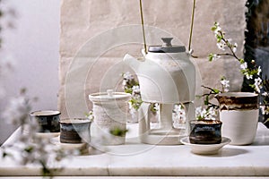 White and black handmade ceramic teapot for tea ceremony