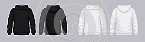 White black hoodie front back mockup. Fashionable template sweatshirt.