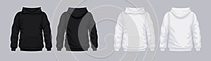 White black hoodie front back mockup. Fashionable template sweatshirt. photo