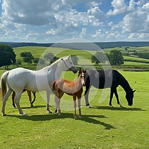 white and black horse in a lush green field with a cub