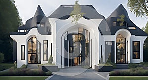 A white and black house with a lot of windows created with Generative AI technology