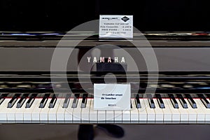 White and black keys in Yamaha electric pianos with a placard do not touch please