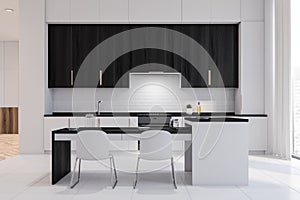 White and black kitchen with bar