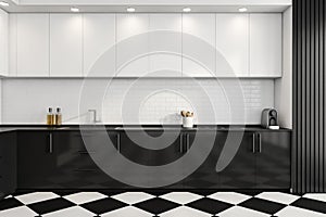 White and black kitchen set interior with shelves and appliances, tiled floor