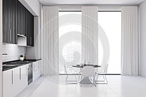 White and black kitchen, side view