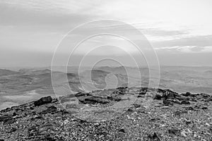 White and black landscape sunrise over Israel judean desert with magic sunlight