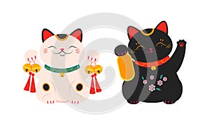 White and black Maneki Neko, Asian lucky cat set. Feng Shui, fortune, folklore toy cartoon vector illustration