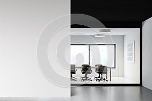 White and black meeting room with mock up wall