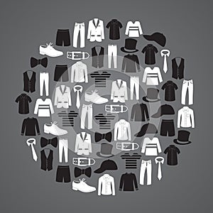 White and black mens clothing icons in circle