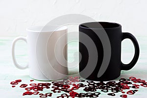 White and black mug mockup with red glitter hearts