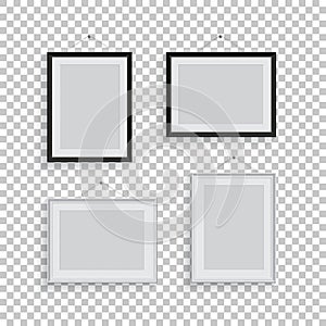 White and black picture or photo frames in different positions isolated on transparent background. Vector frame set
