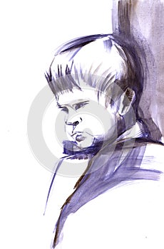 White and black portrait sketch of small boy with discontented, offended expression with furrowed brows and pouting lips