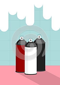 White black red spray cans with white spray drop on pastel blue tile and pink floor background