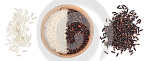 white and black rice grains in wooden bowl isolated on white background. Top view. Flat lay