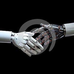 White and black robots reaching out to shake hands, dark background, square image.