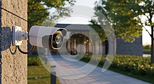 Security camera mounted on a textured stone wall in front of a modern building exterior surveillance