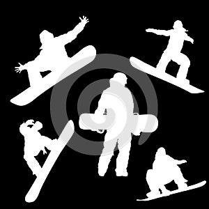 White in black, the silhouette of a snowboarder in different poses