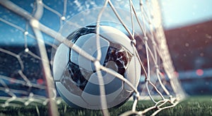 White and Black Soccer Ball in Goal. Soccer Goalpost net Background. Football Ball in Net on Green Grass. Generative AI