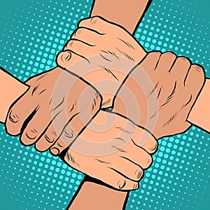 White black solidarity handshake stop racism pop art retro style