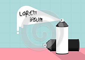 White black spray cans with white spray drop on pastel blue tile and pink floor background