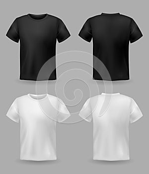 White and black t-shirt mockup. Sport blank shirt template front and back view, men and women clothes for fashion print
