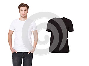 White and black T-shirt template. Front view. Mock up isolated on white. Summer shirt