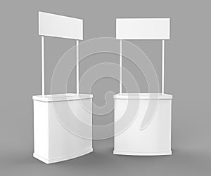 White blank advertising POS POI PVC Promotion counter booth, Retail Trade Stand Isolated on the white background. Mock Up Template