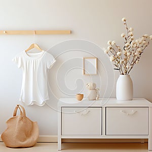 White blank baby t-shirt mockup in interior. Soft beige interior for baby.AI generation