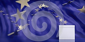 White blank ballot box on European Union flag abstract background, copy space. 3d illustration