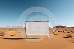 White blank billboard mockup in the middle of desert, dune and sunny day.