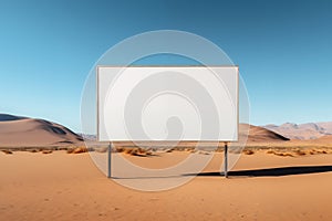 White blank billboard mockup in the middle of desert, dune and sunny day.