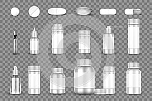 White blank Bottle packaging and pills, capsules isolated on transparent background. Pharmaceutical medical container