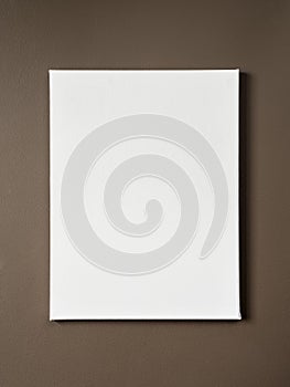 White blank canvas weighs on a dark wall. Mockup poster to replace your design.