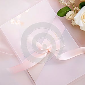 A white blank card with a bright bow tied around it. Around it white flower petals. Valentine\'s Day as a day symbol of affe