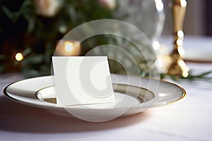 White blank card mockup for Menu or greeting, invitation on wedding table setting background
