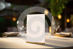 White blank card mockup for Menu or greeting, invitation on wedding table setting background