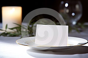 White blank card mockup for Menu or greeting, invitation on wedding table setting background