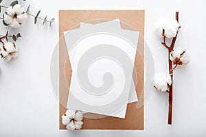 White blank card mockup note paper with dry bloom cotton flowers on flat lay. Modern desktop mock up for greeting card