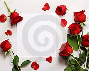 White blank card with space for your own content. All around red, roses and petals. Valentine\'s Day as a day symbol of affe