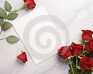 White blank card with space for your own content. All around red, roses and petals. Valentine\'s Day as a day symbol of affe