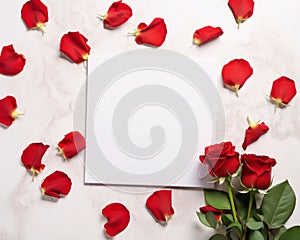 White blank card with space for your own content. All around red, roses and petals. Valentine\'s Day as a day symbol of affe photo