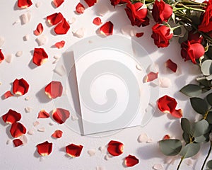 White blank card with space for your own content. All around scattered, red and white rose petals, lying bouquet of red r