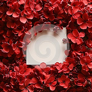White blank card with space for your own content. Around red flowers, flower petals. Valentine\'s Day as a day symbol of affe photo