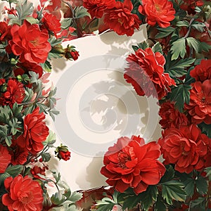 White blank card with space for your own content. Around red flowers, flower petals. Valentine\'s Day as a day symbol of affe photo