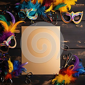 White blank card with space for your own content, around scattered carnival masks, colorful feathers top view. Carnival costumes,