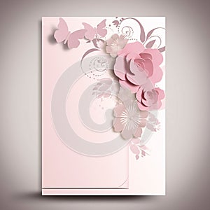White blank card with space for your own content. Decorations made of pink flowers. Valentine\'s Day as a day symbol of affe photo